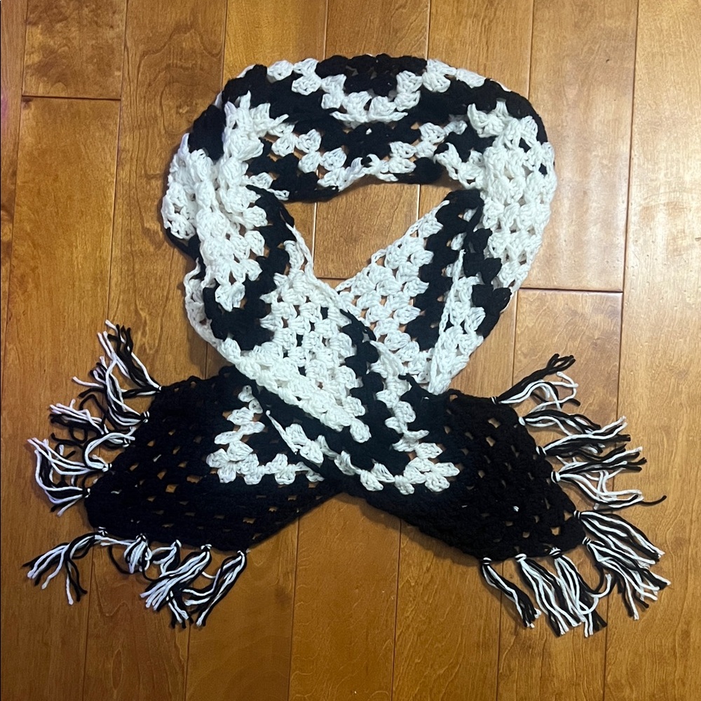 Handmade Black White Crochet Scarf Chunky Fringe Winter Cozy Boho Wrap
